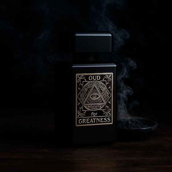 Флакон Oud for Greatness на тёмном столе с дымом