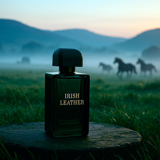 Флакон Irish Leather в поле на рассвете